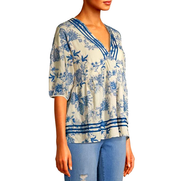 Anna Sui embroidered Floral Blue and Cream v neck puff sleeve blouse XL - Picture 3 of 12